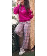 Stylish Fuchsia Puff Sleeve Pajama Set - Wholesale Women's Clothing - Cotton - High Quality - Tijarahub