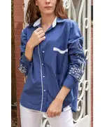 Premium Quality Dark Blue Long Sleeve Buttoned Shirt - Wholesale Clothing - Women's Clothes - Chic - Tijarahub