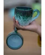 White and Green Pottery Tree Leaves Mug 230 ml - B2B - Handmade - Homasutra - Tijarahub