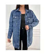 Long Denim Jacket With Front Button And Pocket - Wholesale - Mid İndigo - DEMA
TijaraHub