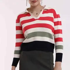 Long Sleeve Sweater With Polo Neck - Women's Wear - 70% Cotton & 30% Polyester