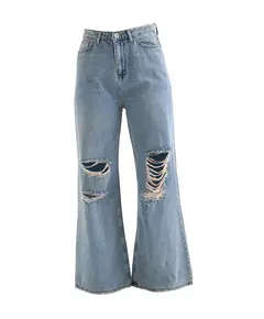 Women Trousers Jeans- rippedY2K Blue Jeans