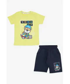 Printed Sailor Leon Set - Shirt and Shorts - Neon Yellow - Baby Boys' Wear - Cotton