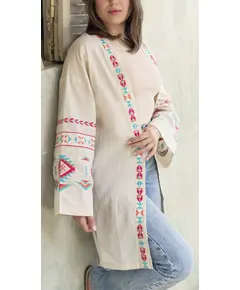 Premium Quality Beige Long Embroidered Kimono - Egyptian Women's Wear - Cotton - Tijarahub
