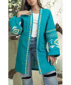 Stylish Turquoise Long Embroidered Kimono - Women's Clothing - Cotton - High Quality - Tijarahub