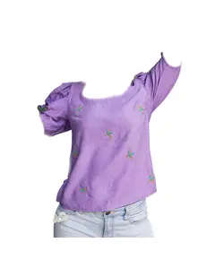 Stylish Purple Puff Sleeve Embroidered Top - Wholesale Women's Clothing - High Quality - Tijarahub