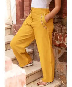Stylish Mustard Embroidered Pants - Wholesale - Women's Clothing - Cotton and Linen - Fashionable - Tijarahub