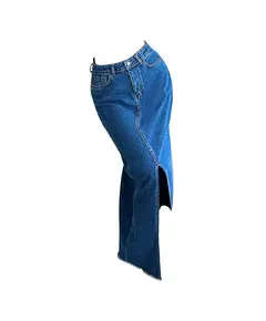 Long Denim Skirt Slim Fit With Front Slit - Wholesale - Mid Indigo - DEMA TijaraHub