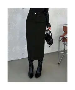 Long Denim Skirt Slim Fit With Classic Front Pocket - Wholesale - Black - DEMA TijaraHub
