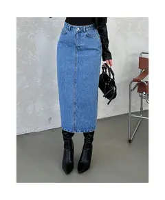 Long Denim Skirt Slim Fit With Classic Front Pocket - Wholesale - Mid Indigo - DEMA TijaraHub