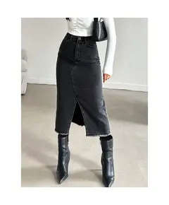 Long Denim Skirt Slim Fit With Front Slit - Wholesale - Anthracite - DEMA TijaraHub