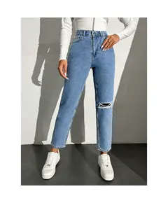 Mom Denim Trousers With Destroyed On Knees - Wholesale - Mid İndigo - DEMA TijaraHub