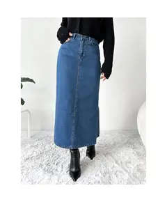Long Denim Skirt With Side Slit And Classic Pocket - Wholesale - Dark Indigo - DEMA TijaraHub