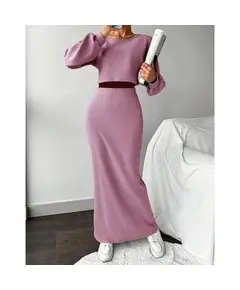 Knitting Long Skirt & Crop Blouse Suit - Wholesale - Pink - DEMA TijaraHub