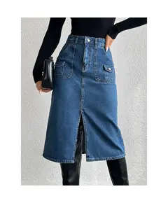 Long Denim Skirt With Front Pocket - Wholesale - Dark Indigo - DEMA TijaraHub