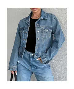 Denim Jacket With Front Button And Pocket - Wholesale - Mid İndigo - DEMA TijaraHub