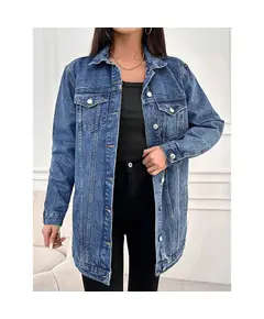 Long Denim Jacket With Front Button And Pocket - Wholesale - Mid İndigo - DEMA TijaraHub