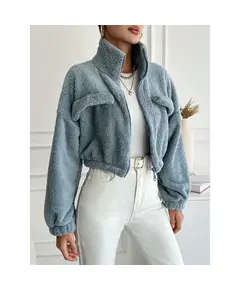 Crop Knitting Wellsoft Jacket With Front Button And Pocket - Wholesale - Blue - DEMA TijaraHub