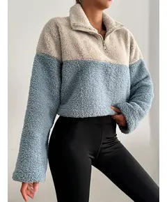 Crop Wellsoft Sweatshirt With Hoodie - Wholesale - Ecru & Blue - DEMA TijaraHub