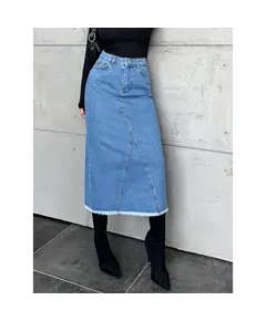 Long Denim Skirt With Classic Front Pocket - Wholesale - Mid Indigo - DEMA TijaraHub