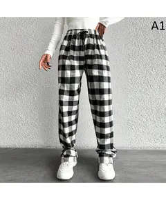 Checkered Woven Women Trousers - Wholesale - Black & White - Erdil Tekstil TijaraHub