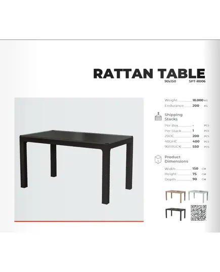 Rattan Table - Plastic Garden Table 90 x 150 cm - Glass Surface - Outdoor Furniture