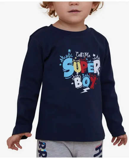 Long Sleeve T-Shirt Text Printed Navy Blue - Baby Boys' Wear - Cotton & Lycra
