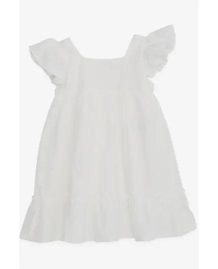 White Squared Neck Short Sleeve Dress w/ Flower Embroidered - Baby Girls' Wear - Polyester