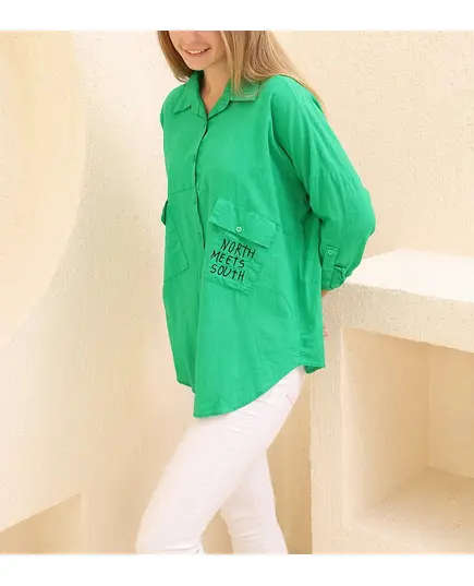Double Pocket & Text Casual Shirt - Women's Wear - Polyester & Cotton