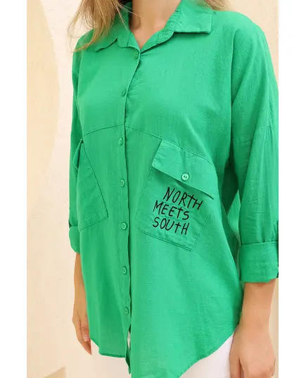 Double Pocket & Text Casual Shirt - Women's Wear - Polyester & Cotton