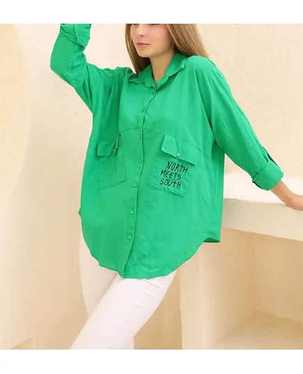 Double Pocket & Text Casual Shirt - Women's Wear - Polyester & Cotton