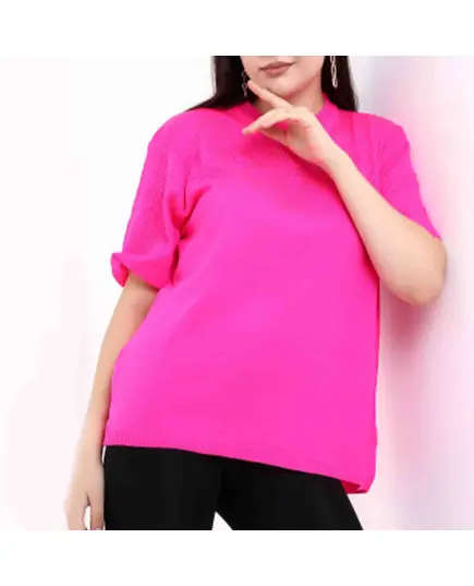 Short Sleeve Knitted T-Shirt With Collar Motif - Women's Wear - 70% Cotton & 30% Polyester TijaraHub