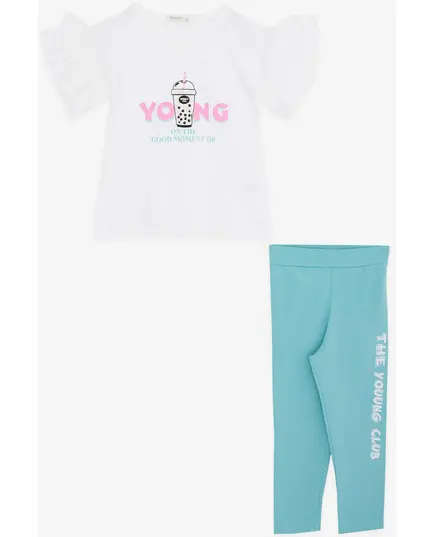 Set - Capri Tights and Ruffled Sleeves Shirt with Printed Text - Girls' Wear - Cotton