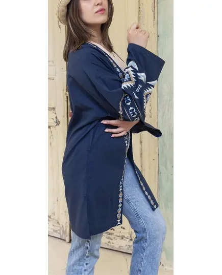 High Quality Dark Blue Long Embroidered Kimono - Buy in Bulk - Women's Clothing - Cotton - Chic - Tijarahub