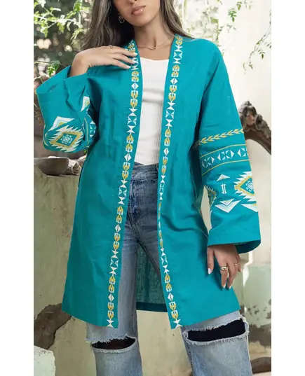 Stylish Turquoise Long Embroidered Kimono - Women's Clothing - Cotton - High Quality - Tijarahub