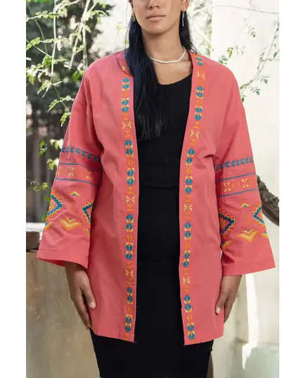 Egyptian Pink Long Embroidered Kimono - Clother For Women - Cotton - Fashionable - Tijarahub