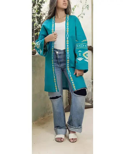 Stylish Turquoise Long Embroidered Kimono - Wholesale - Women's Clothing - Cotton - High Quality - Tijarahub