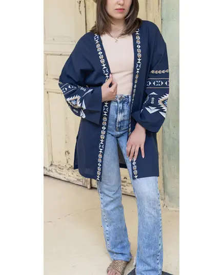High Quality Dark Blue Long Embroidered Kimono - Buy in Bulk - Women's Clothing - Cotton - Chic - Tijarahub