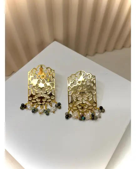 Yomn Jewellery - Earings - B2B Platform - Gold Plated Earring With Pearls and Agate Stones - TijaraHub