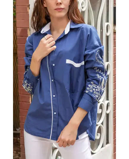 Premium Quality Dark Blue Long Sleeve Buttoned Shirt - Wholesale Clothing - Women's Clothes - Chic - Tijarahub