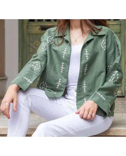 High Quality Olive Embroidered Summer Jacket - Wholesale - Women's Clothing - Cotton and Linen - Stylish - Tijarahub