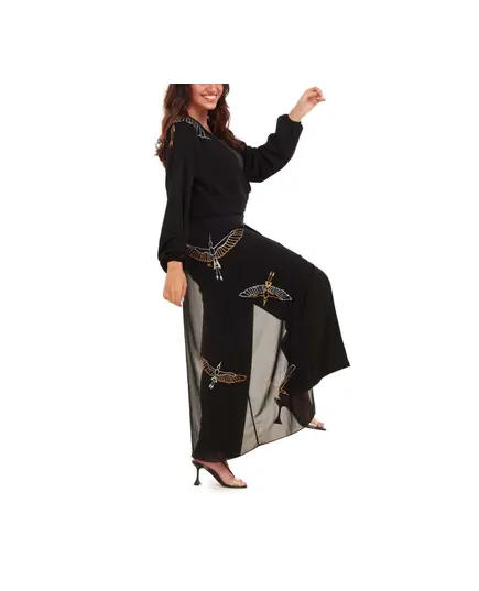 Stylish Black Hand Painted Jump Suit - Wholesale - Handmade - Silk and Chiffon - Bird with Pharaonic Signature - Tijarahub