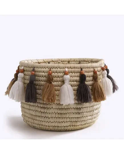 Handcrafted Wicker Storage Basket Wool Tassel 30 x 30 cm - Buy In Bulk - Handmade - Bazaar Misr - Tijarahub
