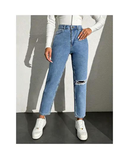 Mom Denim Trousers With Destroyed On Knees - Wholesale - Mid İndigo - DEMA TijaraHub