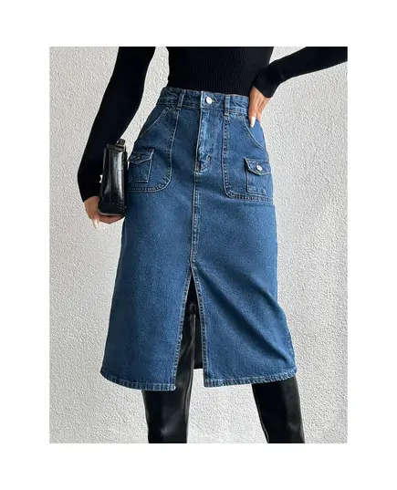 Long Denim Skirt With Front Pocket - Wholesale - Dark Indigo - DEMA TijaraHub