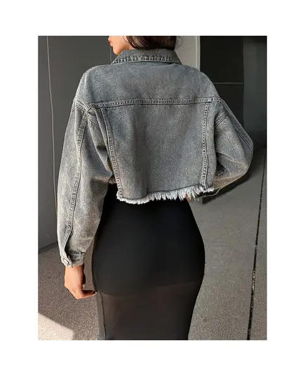 Crop Denim Jacket With Front Button And Pocket - Wholesale - Grey - DEMA TijaraHub