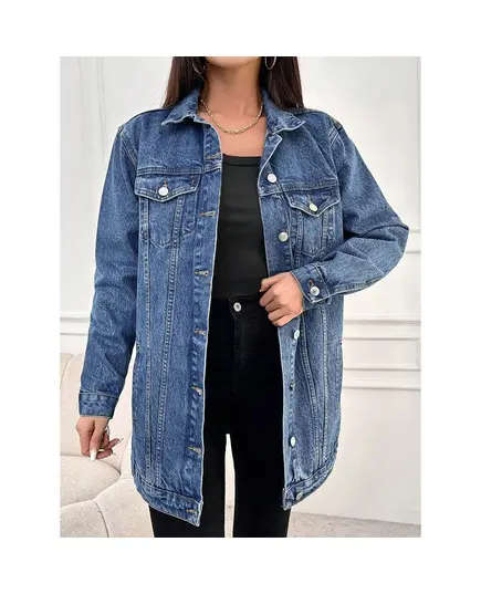 Long Denim Jacket With Front Button And Pocket - Wholesale - Mid İndigo - DEMA TijaraHub