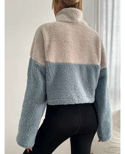 Crop Wellsoft Sweatshirt With Hoodie - Wholesale - Ecru & Blue - DEMA TijaraHub