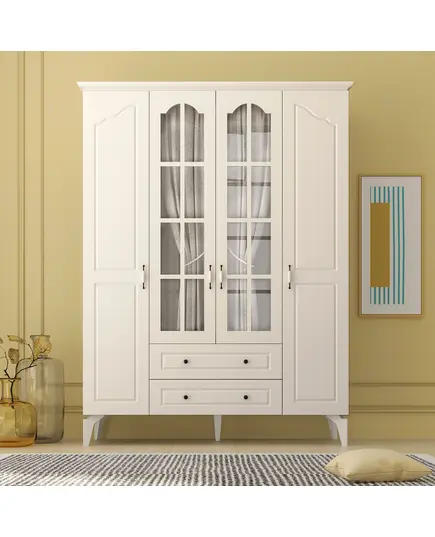 Zenio Assos Plus 4 Door 2 Drawer Glass High Leg Wardrobe White – Bulk – Turkish Furniture – Zenio Mobilya. TijaraHub!