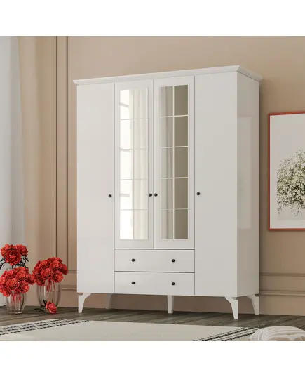 Zenio Patara Plus 4 Door 2 Drawer Glass High Leg Wardrobe White – Bulk – Turkish Furniture – Zenio Mobilya. TijaraHub!